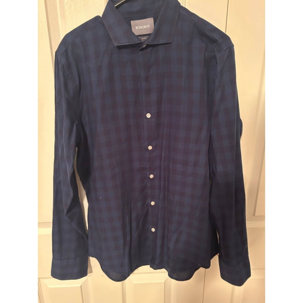 Bonobos Slim Fit Button Down Shirt Men's M Navy Blue Plaid Long Sleeve Casual